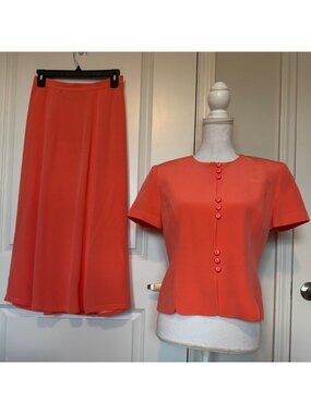 Maggy London Vintage Petite Orange Skirt & Top Set 100% Silk Suit Size 8 P